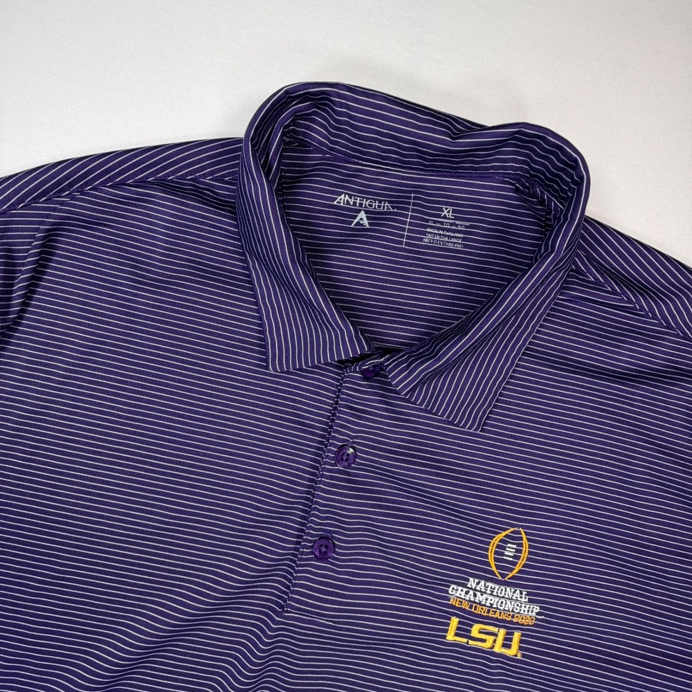 Antigua LSU Tigers 2020 National Champs Polo Men XL Purple Striped Shirt 412